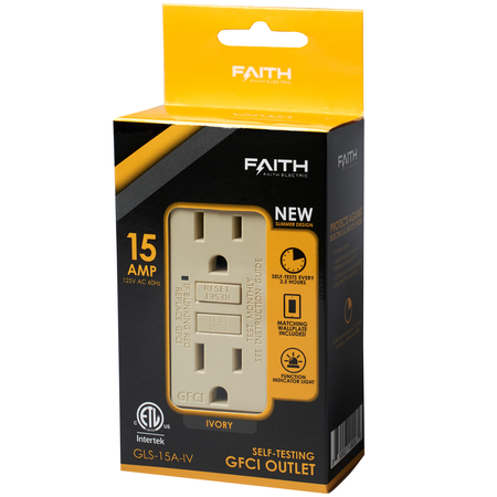 FAITH Self-Test 15A GFCI Outlet Receptacle with Wall Plate, Ivory GLS-15A-IV